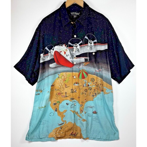 Vintage Tori Richard Christmas Map Shirt Mens Large Santa Seaplane Holiday Aloha - Picture 1 of 13